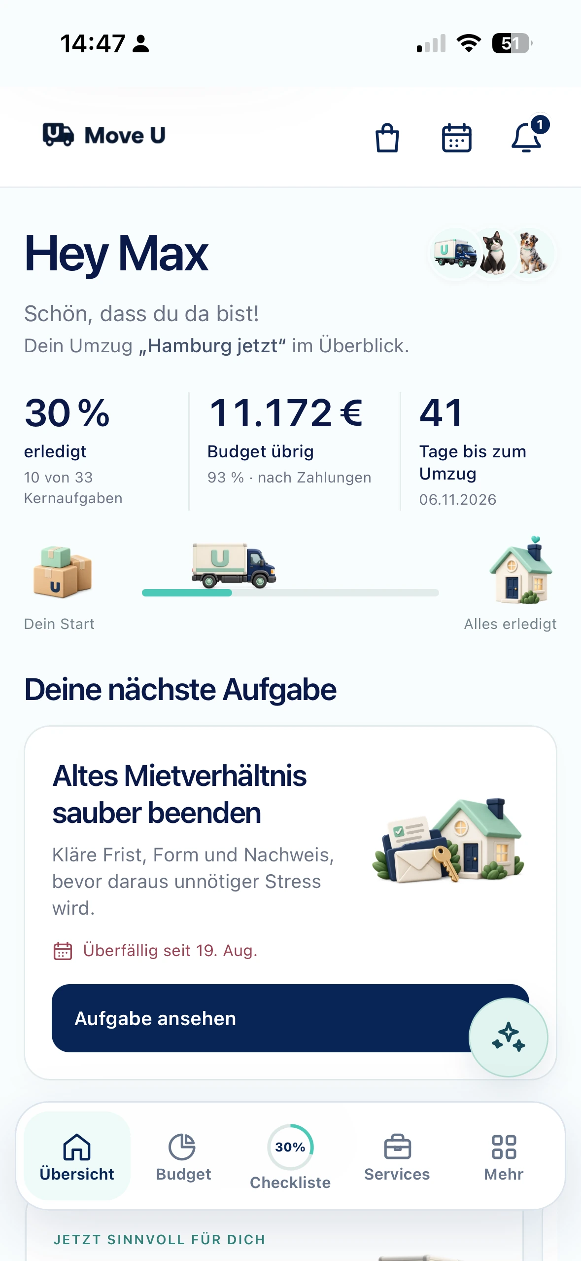 Aktuelle MoveU-Übersicht mit Projekt, gemeinsamem Fortschritt, Budget und nächster Aufgabe