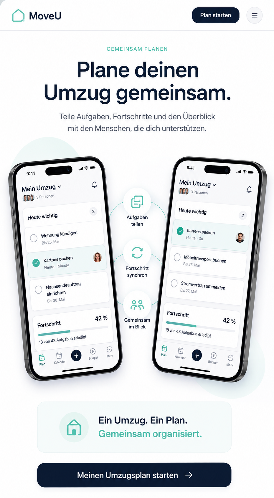 Plane deinen Umzug gemeinsam: Aufgaben teilen, Fortschritt synchron halten und gemeinsam den Überblick behalten.
