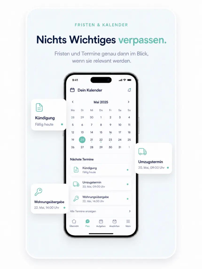 Nichts Wichtiges verpassen. Kalender mit Kündigung, Umzugstermin und Wohnungsübergabe.