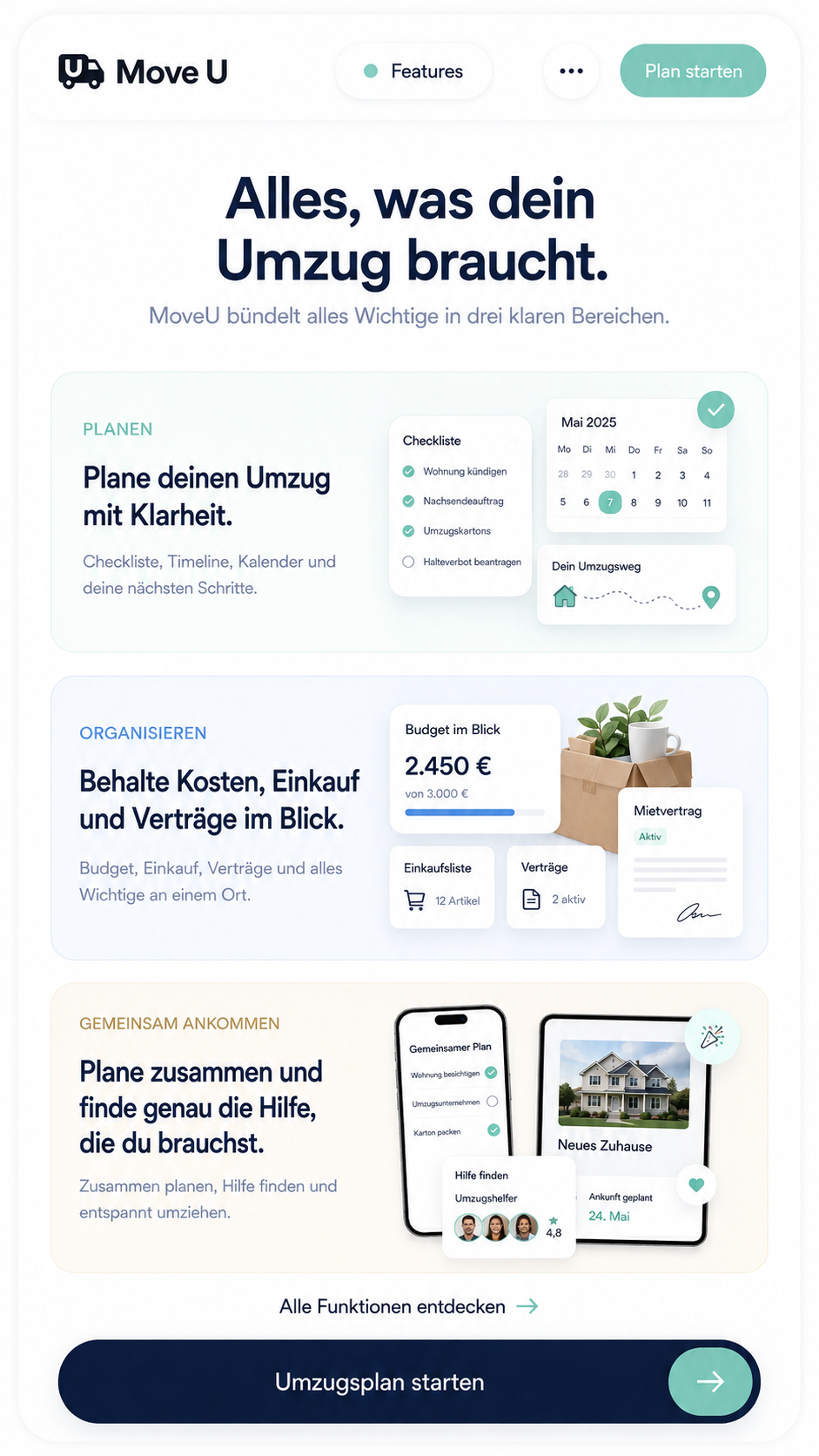 MoveU bündelt deinen Umzug in drei klaren Bereichen: planen, organisieren und gemeinsam ankommen.