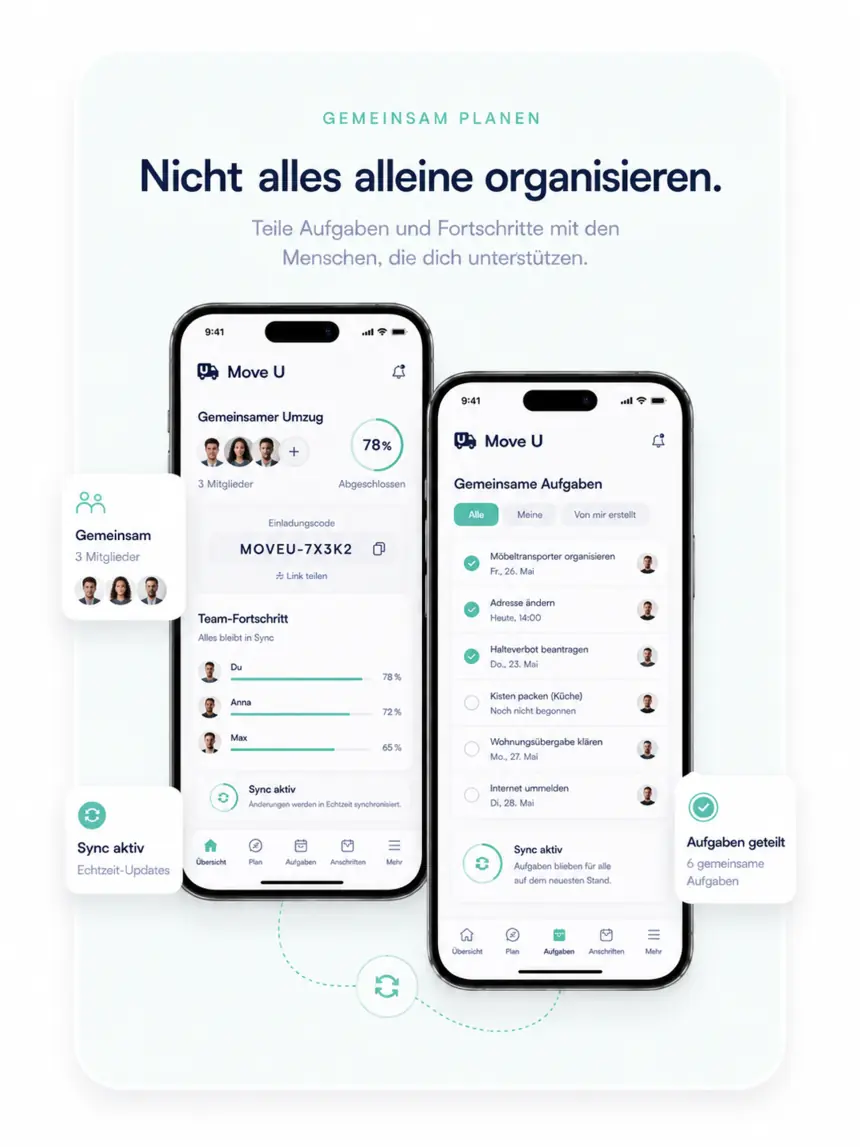 Nicht alles alleine organisieren. Gemeinsame Aufgaben und synchronisierter Team-Fortschritt.