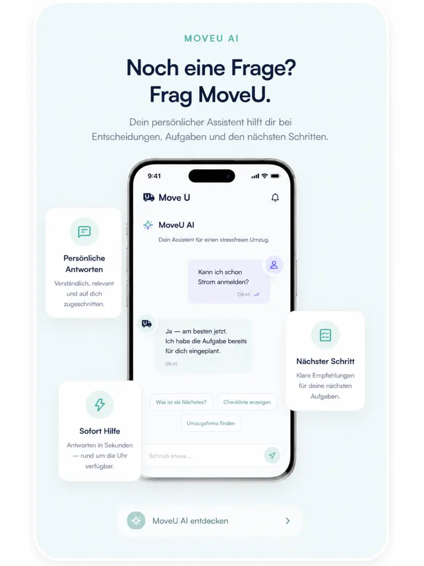 Noch eine Frage? Frag MoveU. Persönliche Antworten, Soforthilfe und klare nächste Schritte.