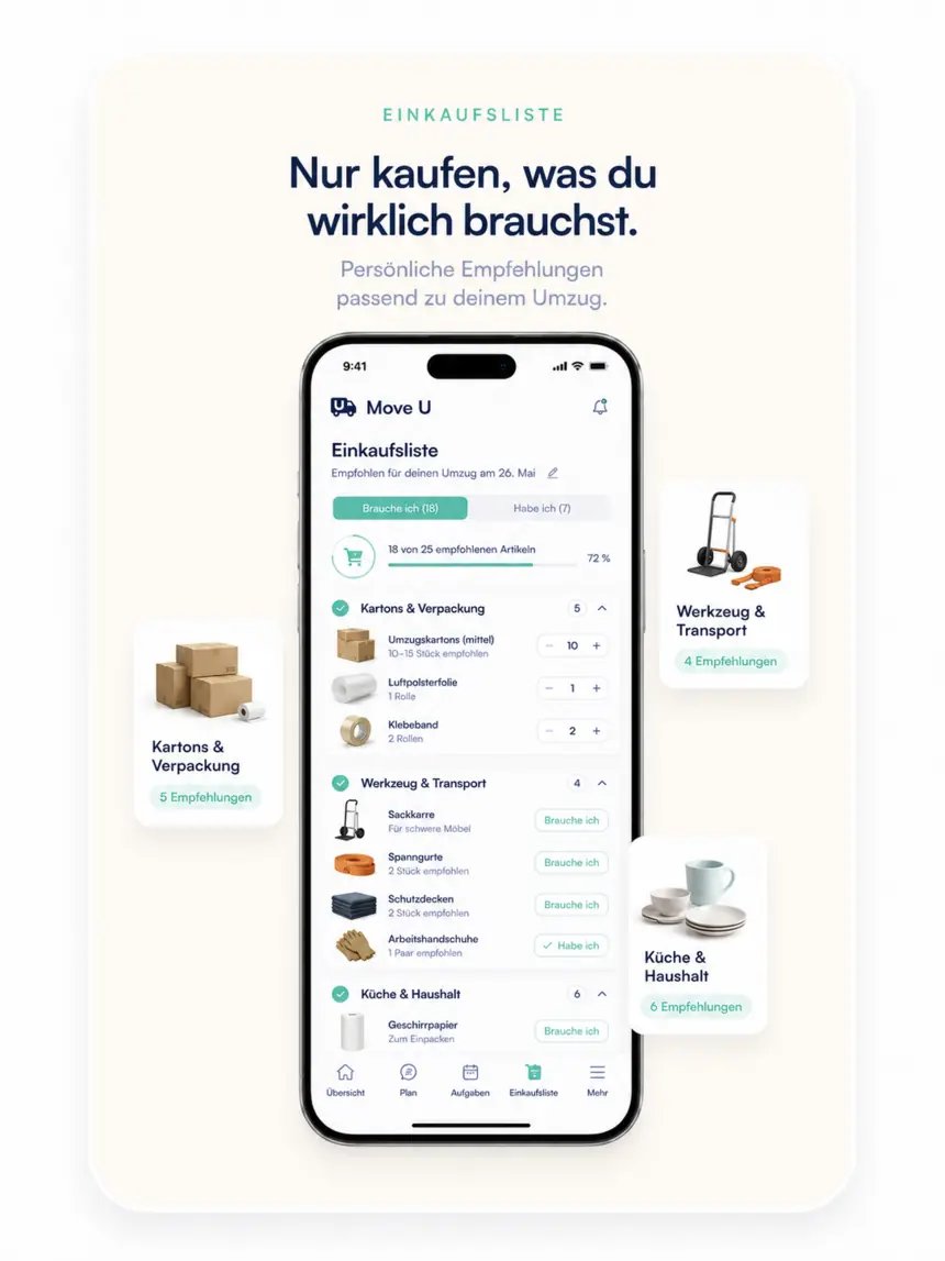 Nur kaufen, was du wirklich brauchst. Persönliche Einkaufsliste für Kartons, Werkzeug und Haushalt.