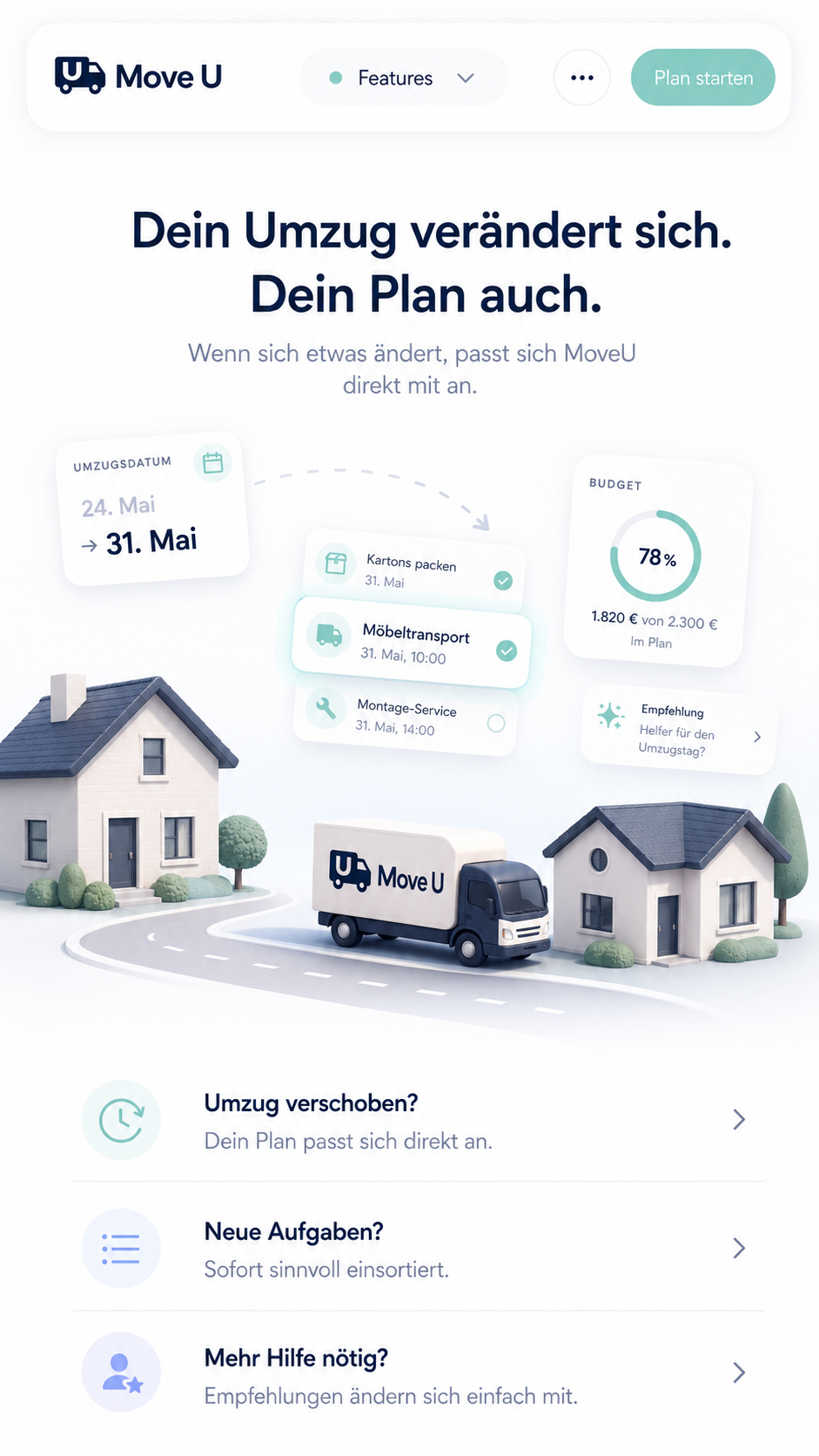 Dein Umzug verändert sich. Dein Plan auch. Verschiebt sich das Umzugsdatum, passt MoveU Aufgaben, Budget und Empfehlungen direkt mit an.