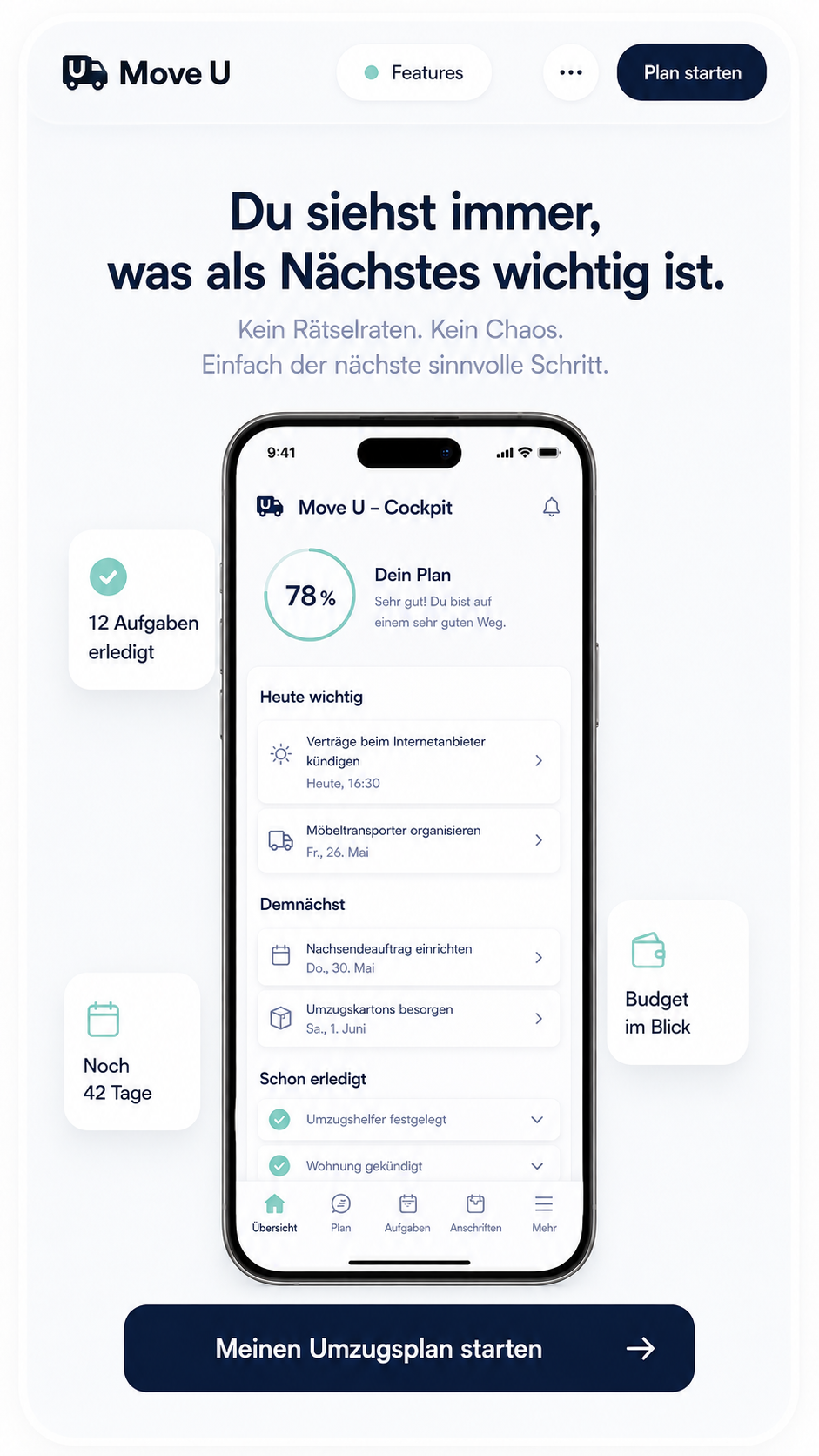 MoveU Cockpit: Du siehst immer, was als Nächstes wichtig ist, mit 78 Prozent Fortschritt, wichtigen und anstehenden Aufgaben, 42 Tagen bis zum Umzug und dem Budget im Blick.