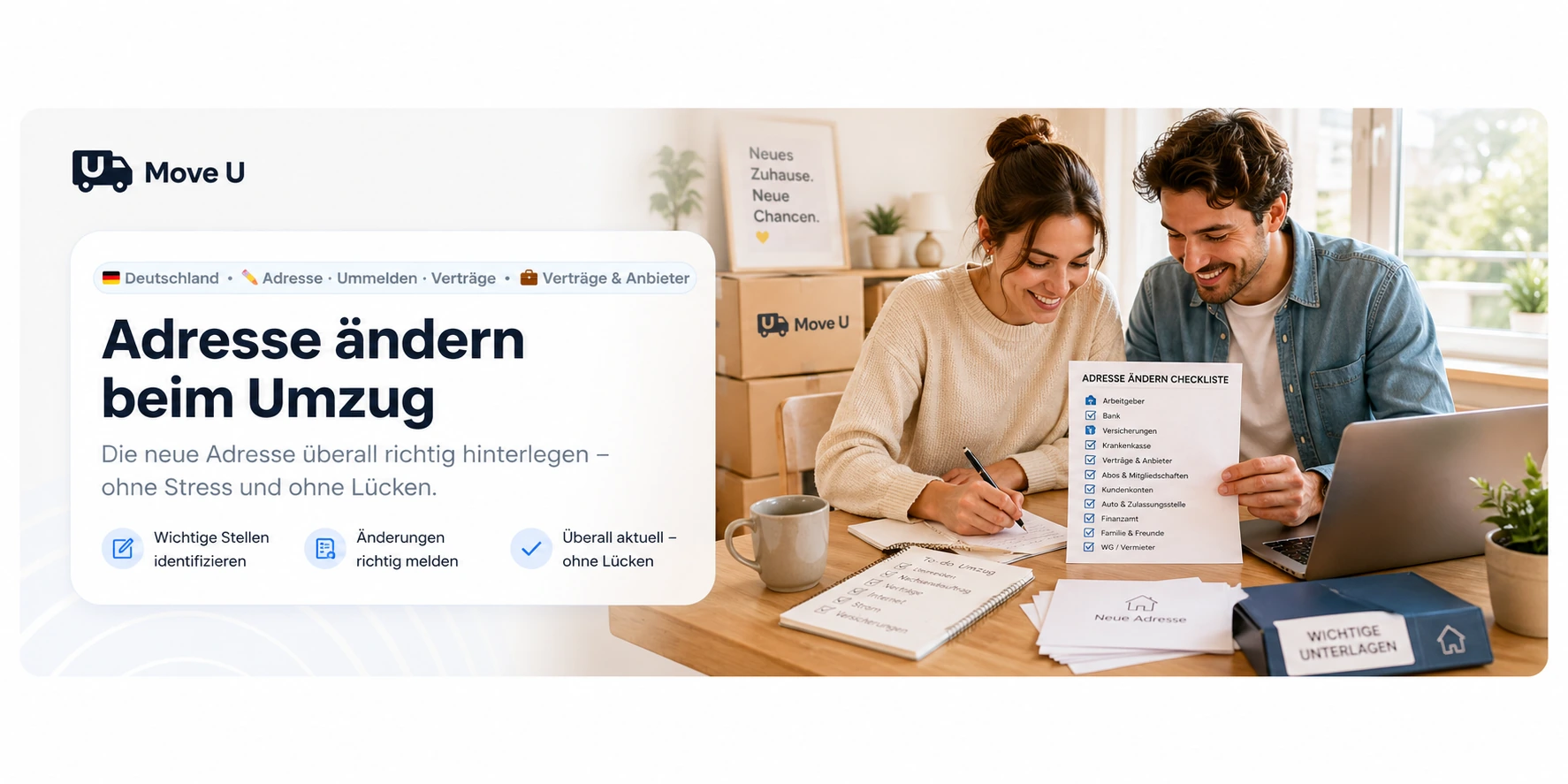 Adresse ändern beim Umzug: MoveU Banner mit neuer Adresse, Laptop, Unterlagen, Umzugskartons und Checkliste für Arbeitgeber, Bank, Versicherungen, Verträge und Behörden.