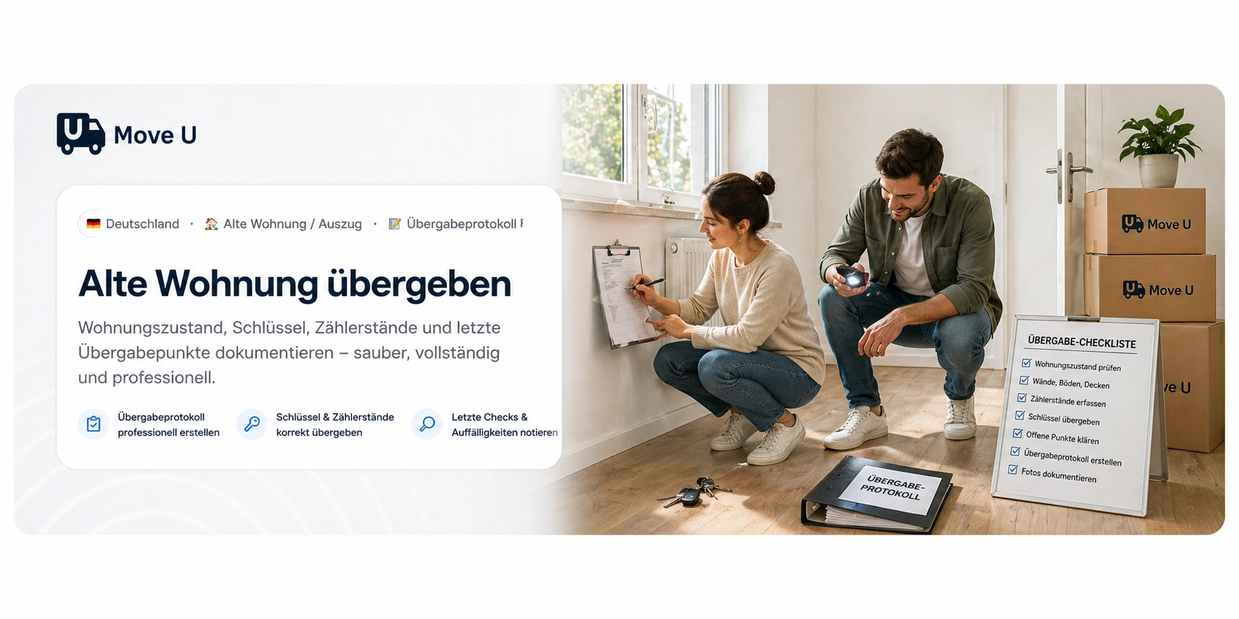 Alte Wohnung übergeben: MoveU Banner mit Übergabeprotokoll, Schlüssel, Zählerständen, Wohnungszustand, Umzugskartons und Checkliste für die Wohnungsübergabe.