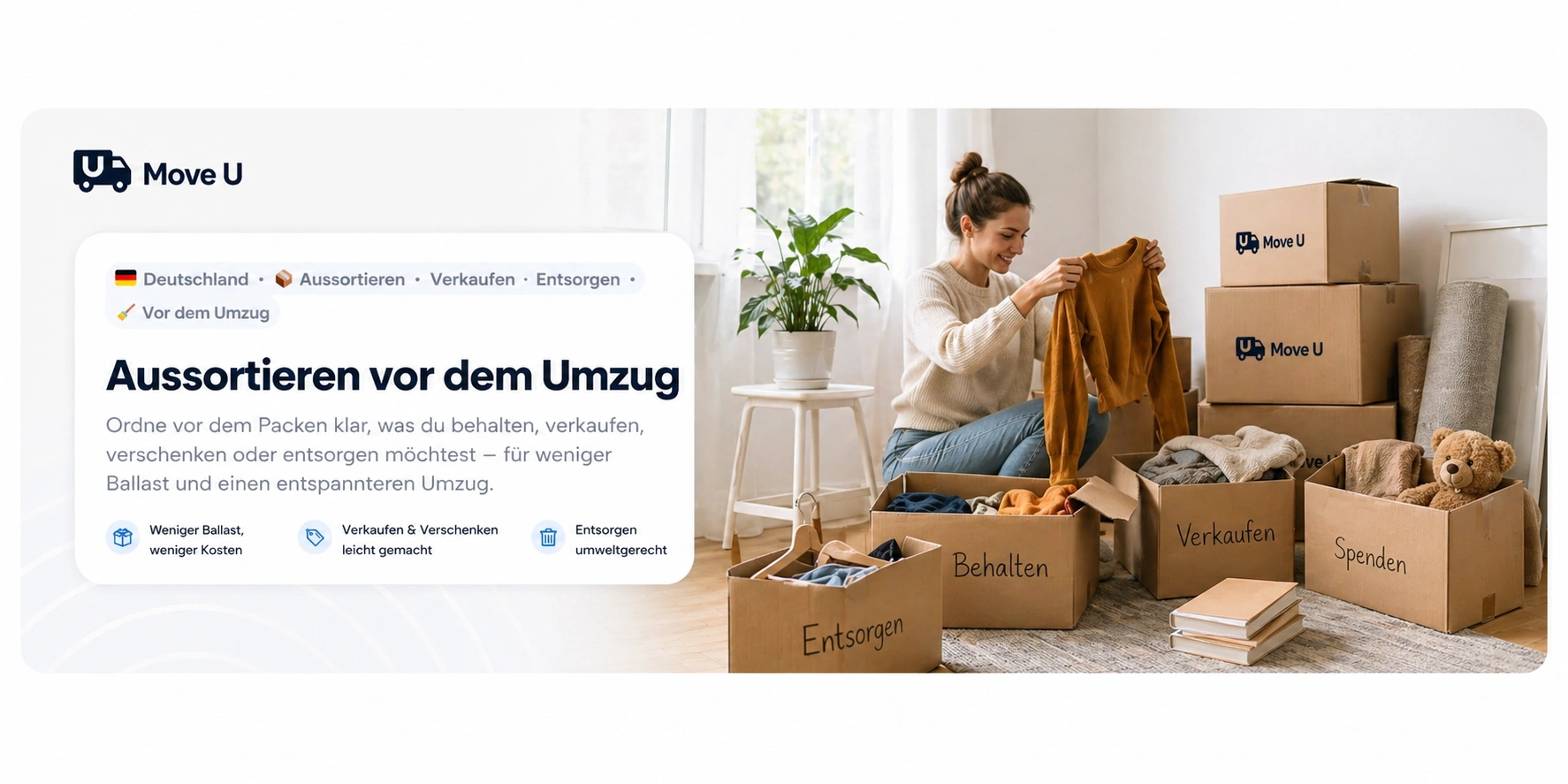 Aussortieren vor dem Umzug: MoveU Banner mit Kleidung, Umzugskartons und sortierten Kisten für Behalten, Verkaufen, Spenden und Entsorgen.