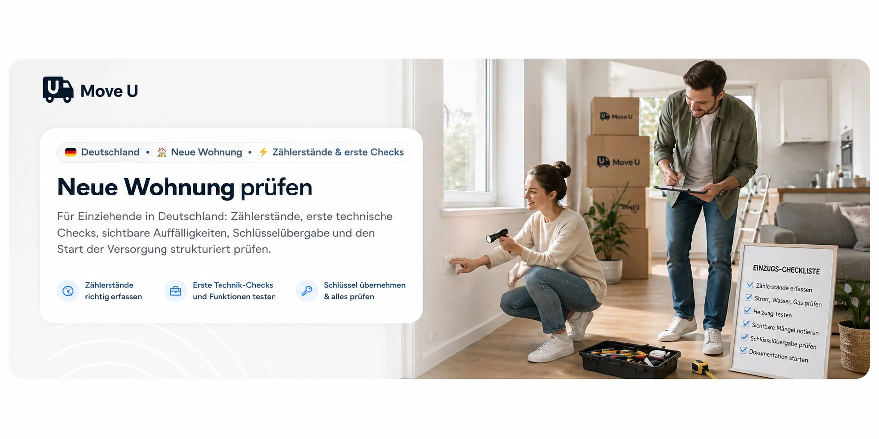 Neue Wohnung prüfen: MoveU Banner mit Steckdose, Werkzeug, Umzugskartons und Einzugs-Checkliste für Zählerstände, Schlüssel, Technik und erste Mängel.