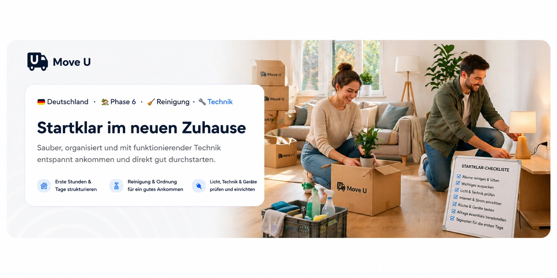 Startklar im neuen Zuhause: MoveU Banner mit Umzugskartons, Pflanzen, Lampe, Putzutensilien und Checkliste für Reinigung, Technik, Licht und die ersten Tage nach dem Umzug.