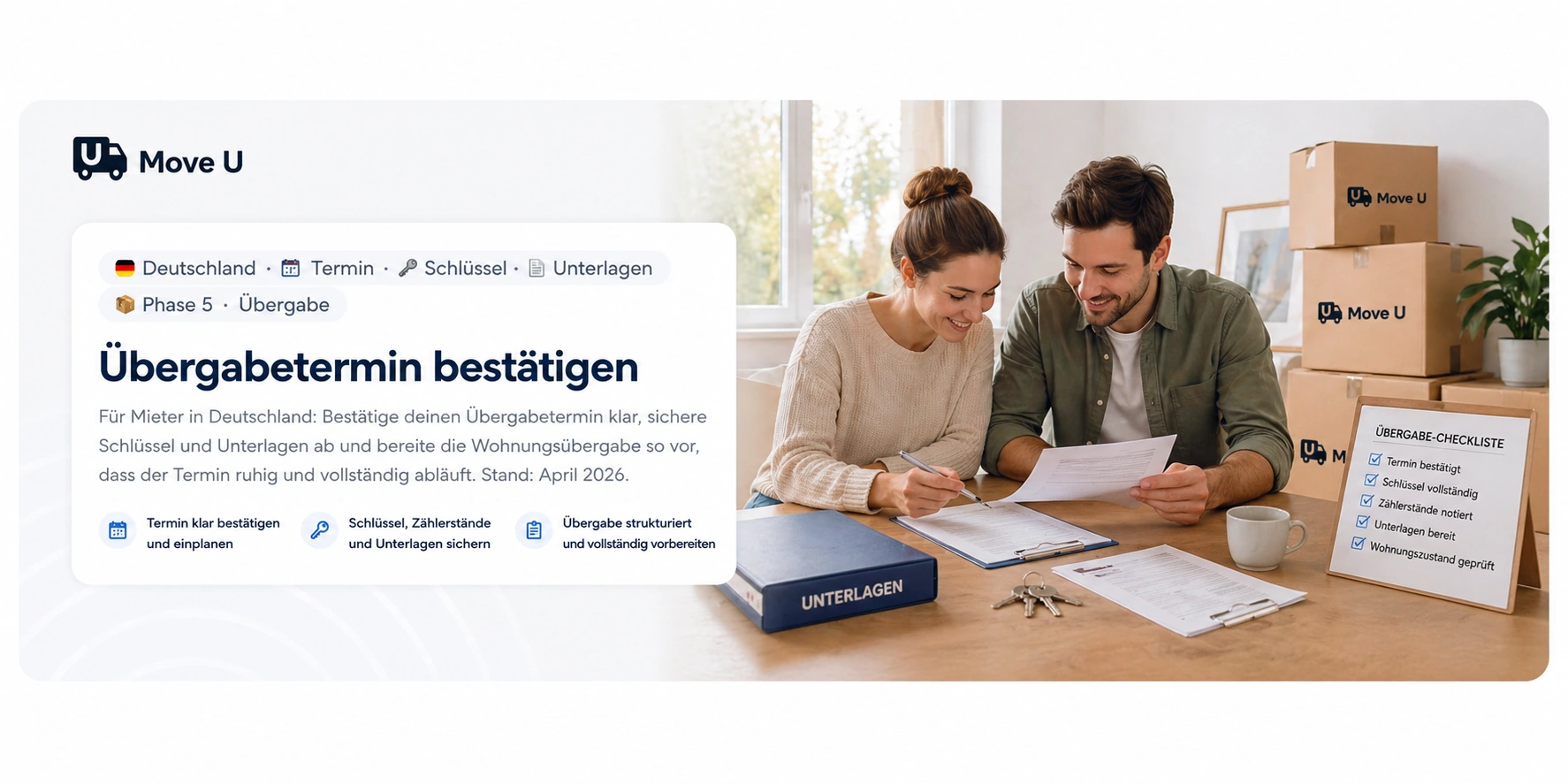 Übergabetermin bestätigen: MoveU Banner mit Unterlagen, Schlüssel, Umzugskartons und Checkliste für Termin, Wohnungsübergabe, Zählerstände und Wohnungszustand.