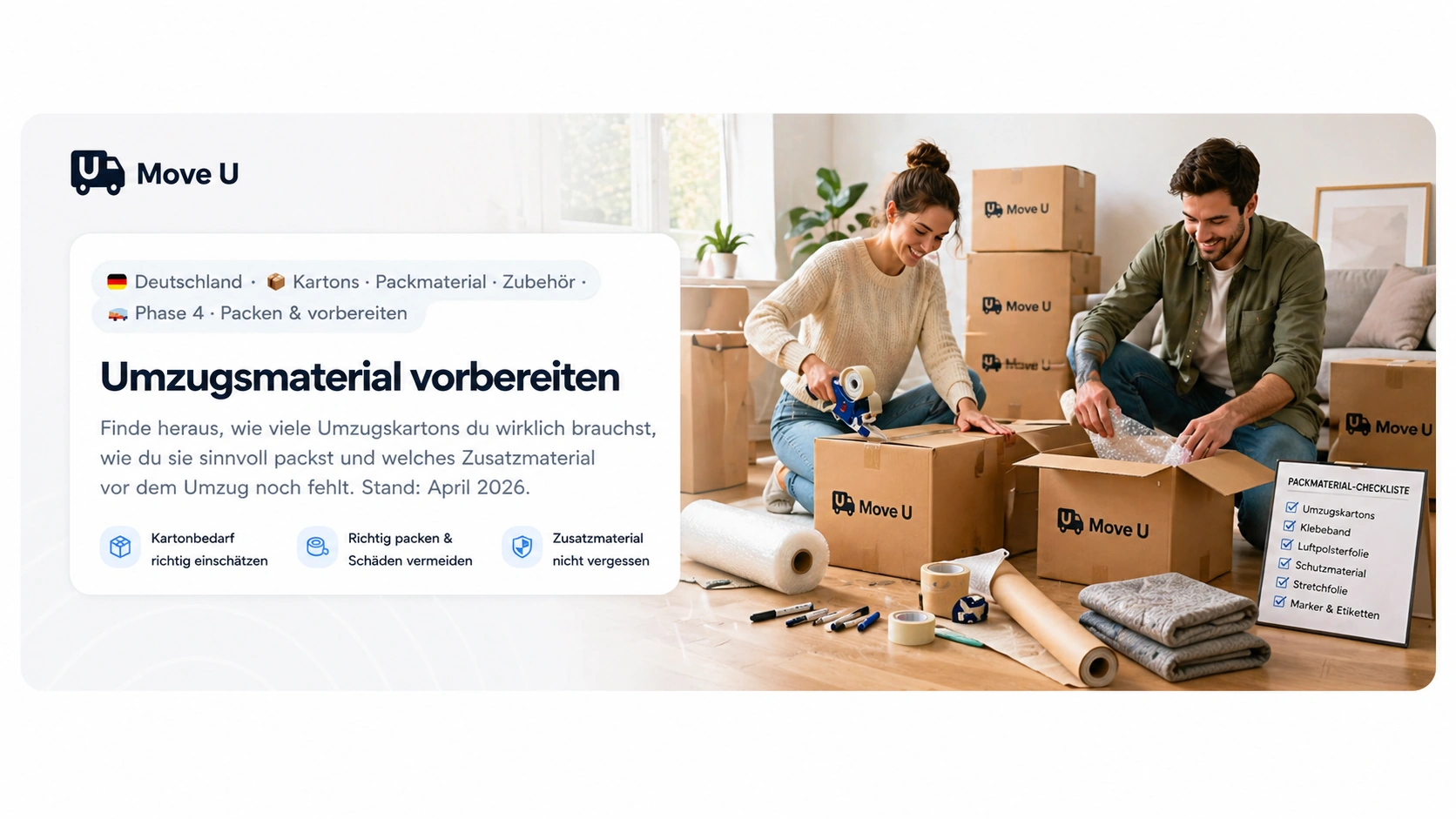 Umzugsmaterial vorbereiten: MoveU Banner mit Umzugskartons, Klebeband, Luftpolsterfolie, Packpapier, Markern und Packmaterial-Checkliste für den Umzug.