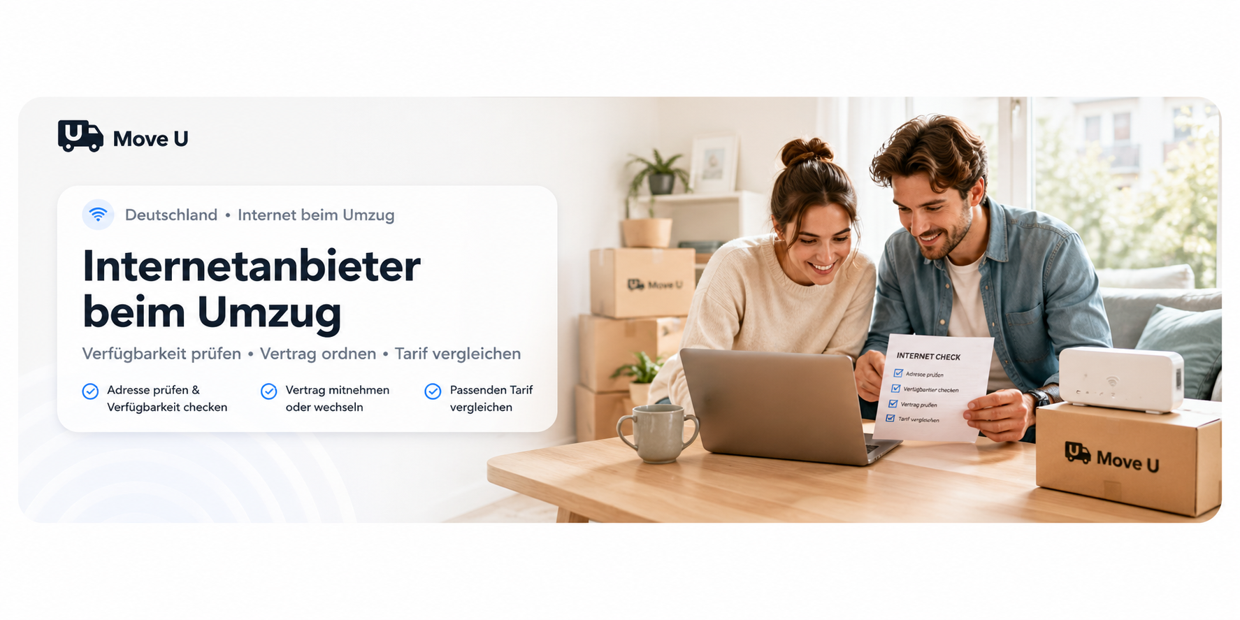 Internetanbieter beim Umzug organisieren: MoveU Banner mit WLAN-Router, Laptop, Umzugskartons und Checkliste für Verfügbarkeit, Vertragsmitnahme und Tarifvergleich.