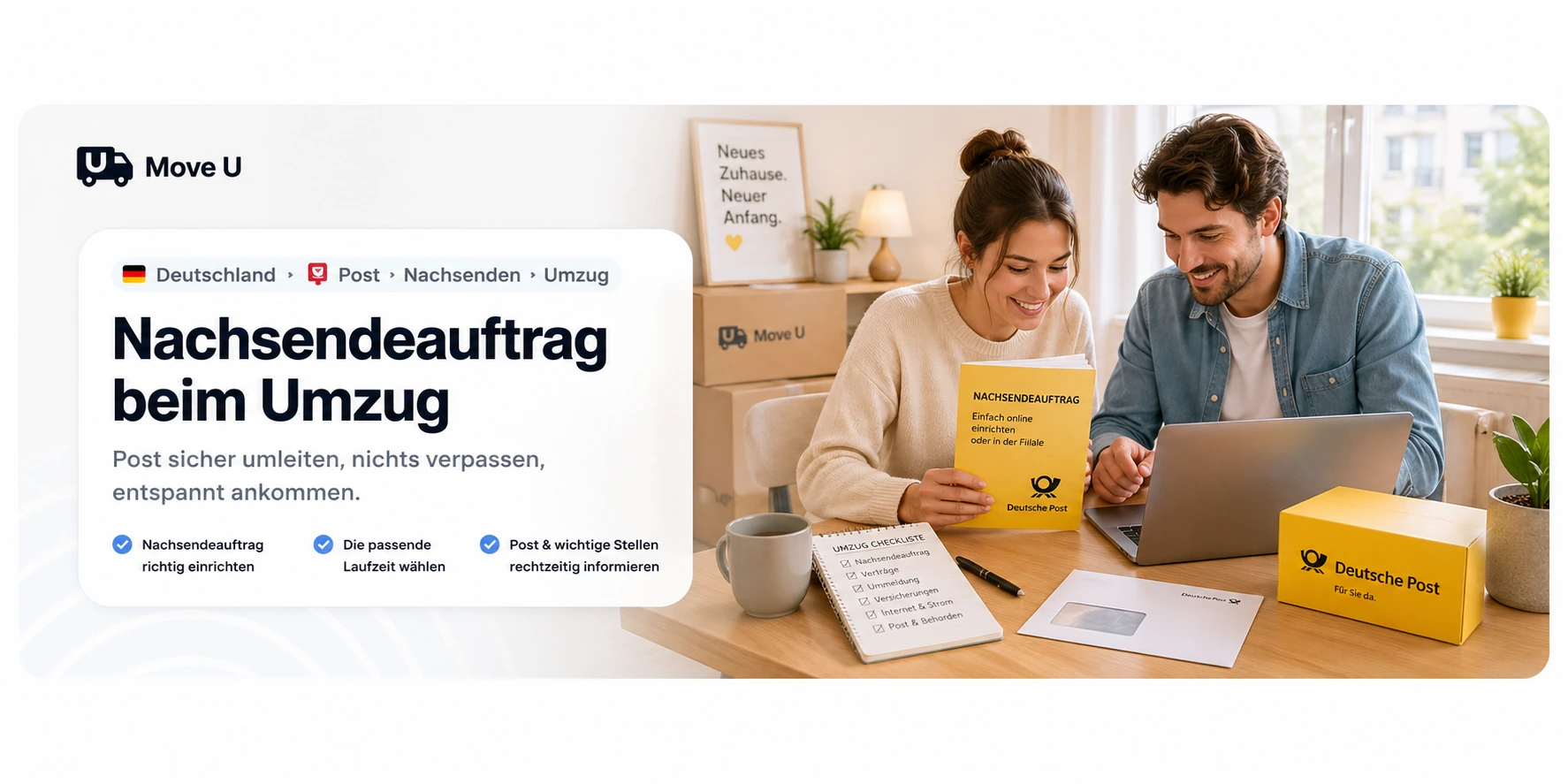 Nachsendeauftrag beim Umzug planen: MoveU Banner mit Post, Adressänderung, Nachsendung und Erreichbarkeit nach dem Umzug.