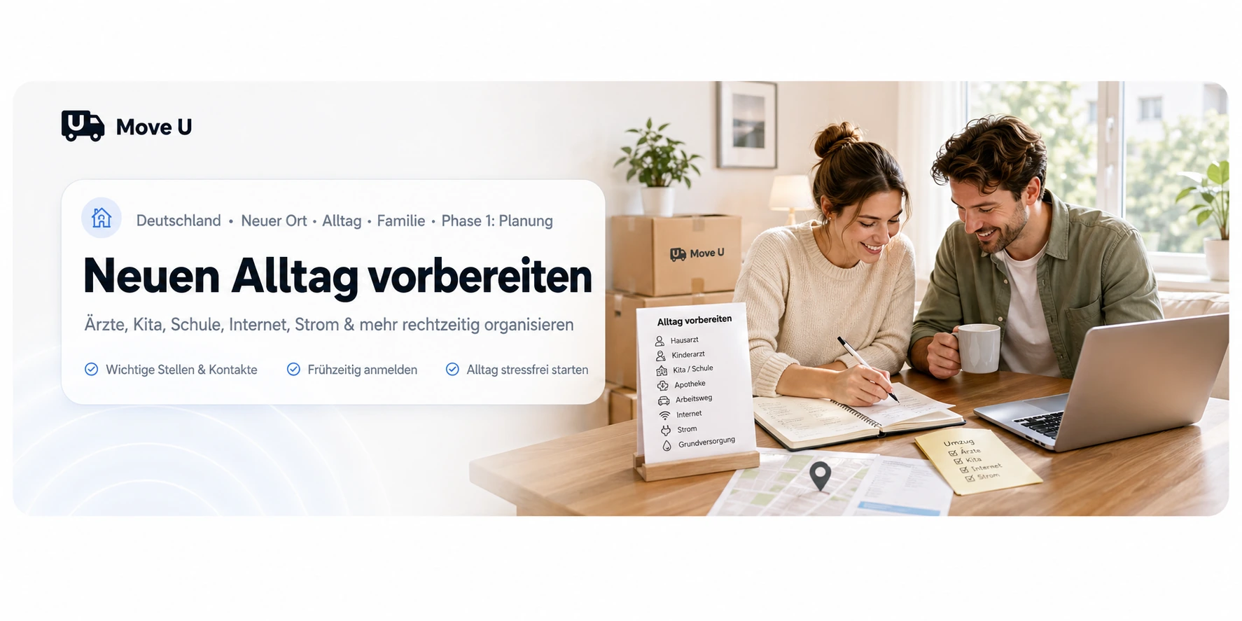 Neuen Alltag nach dem Umzug vorbereiten: MoveU Banner mit Stadtplan, Checkliste, Laptop und Planung für Ärzte, Kita, Schule, Internet, Strom und wichtige Kontakte.