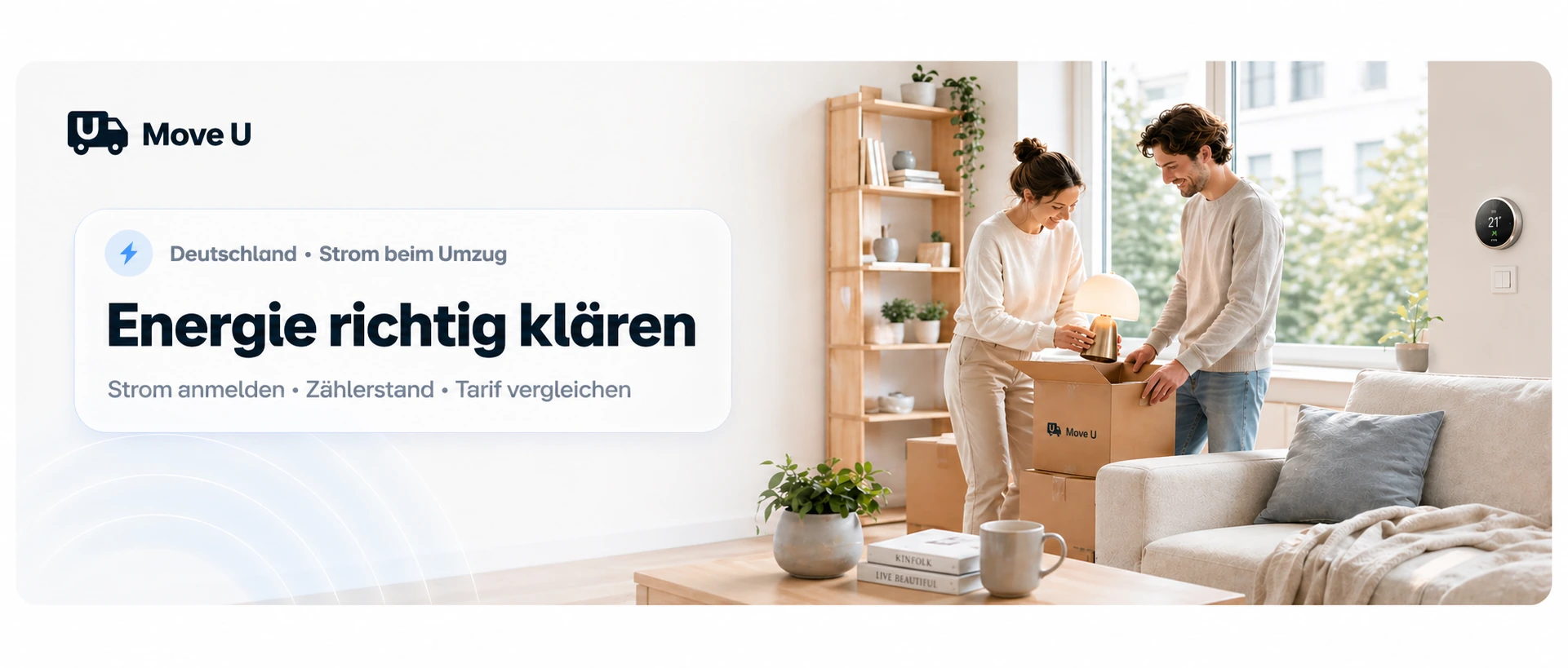 Strom beim Umzug organisieren: MoveU Banner mit Energie-Check, Zählerstand, Strom anmelden und Tarif vergleichen.