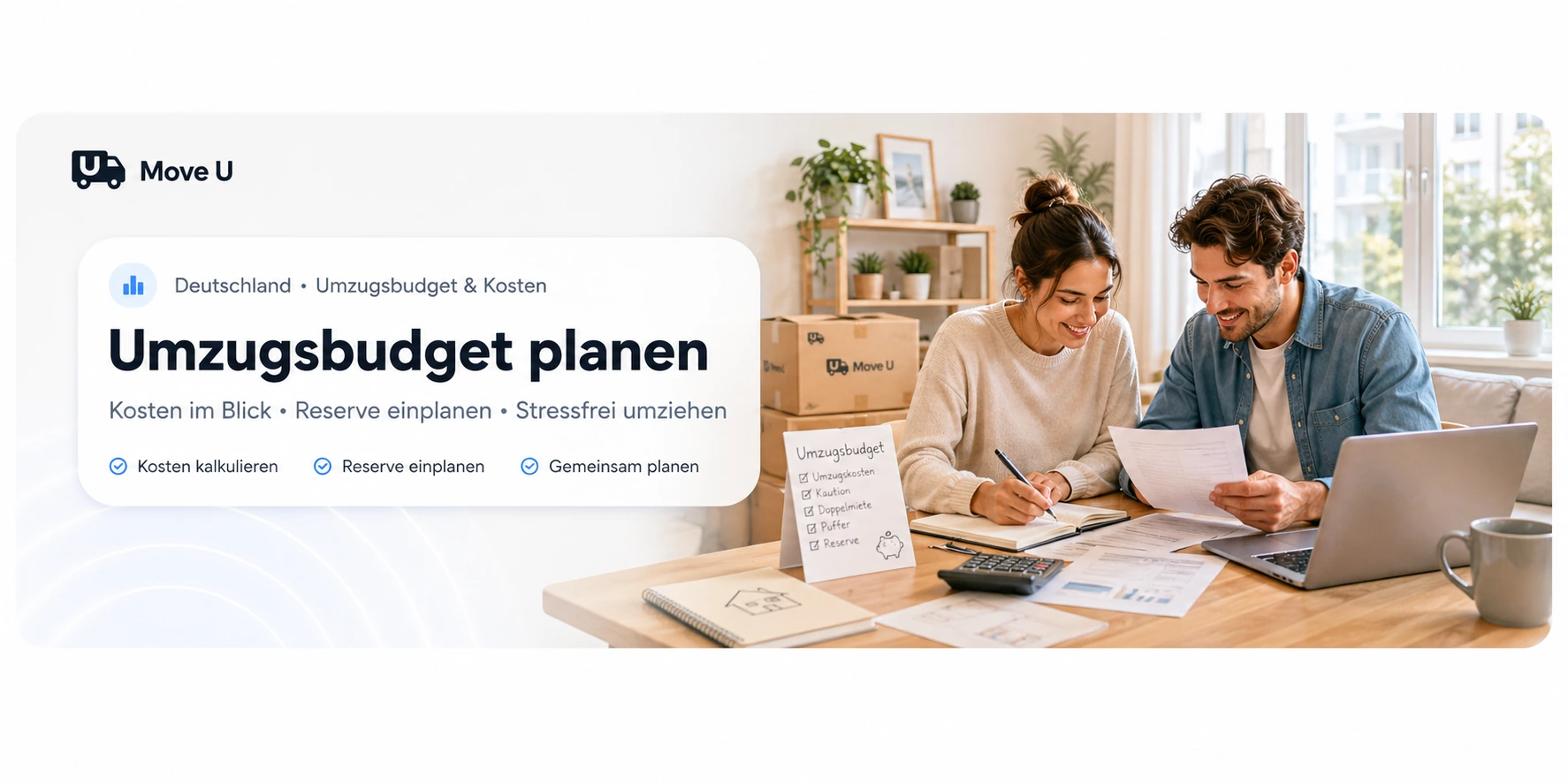 Umzugsbudget und Kosten planen: MoveU Banner mit Budget-Checkliste, Taschenrechner, Unterlagen, Laptop und Kostenplanung für den Umzug.