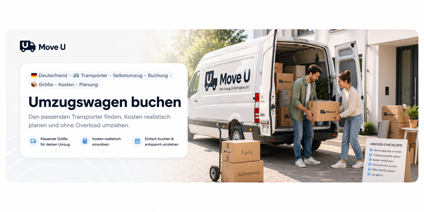 Umzugswagen buchen: MoveU Banner mit Transporter, Umzugskartons, Checkliste, Größe, Kosten, Buchung und Planung für den Selbstumzug.