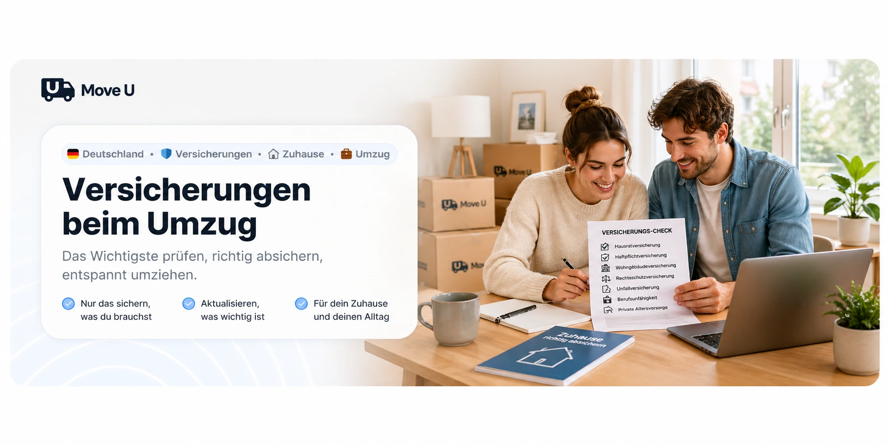 Versicherungen beim Umzug prüfen: MoveU Banner mit Versicherungs-Check, Hausrat, Haftpflicht und Schutz für das neue Zuhause.