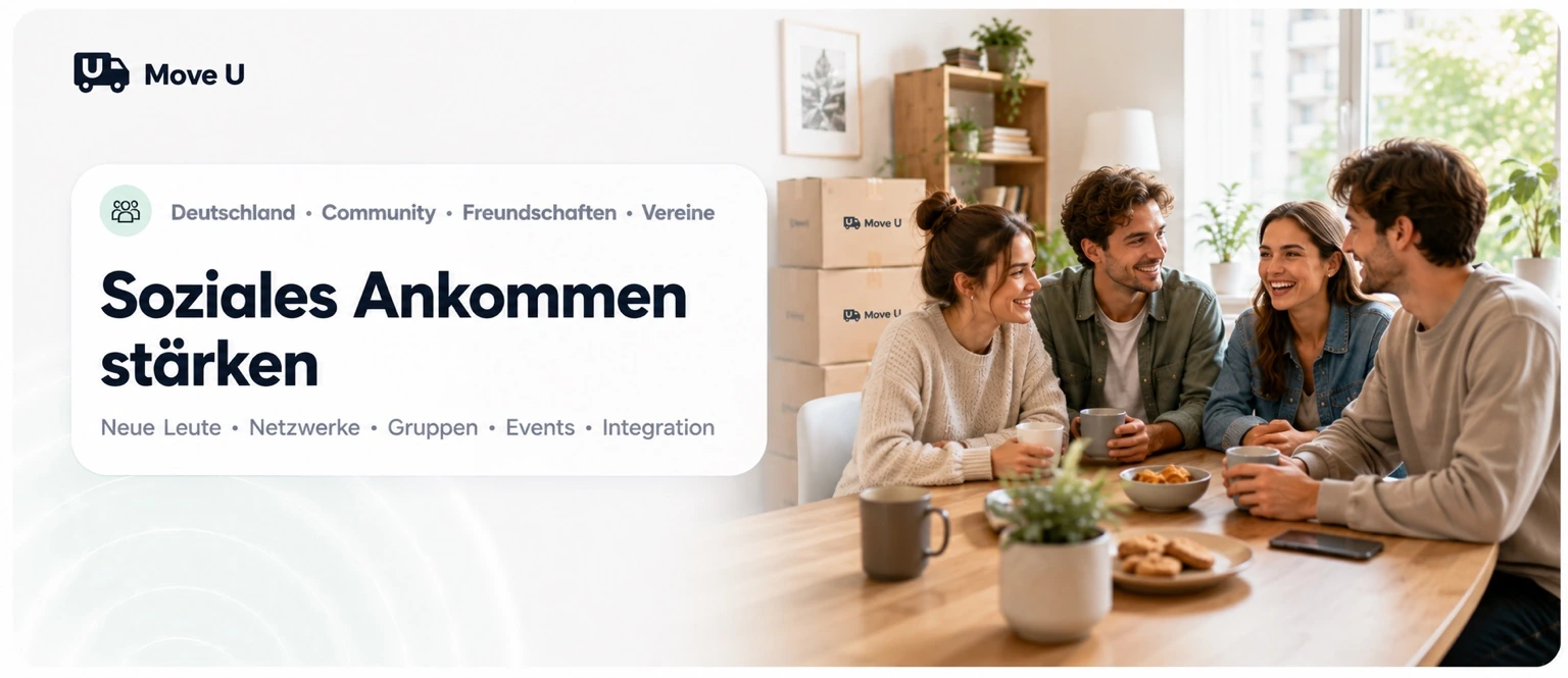Soziales Ankommen stärken: MoveU Banner mit neuer Stadt, Lieblingsorten, sozialen Kontakten, Freizeit, Routinen und Alltag nach dem Umzug.