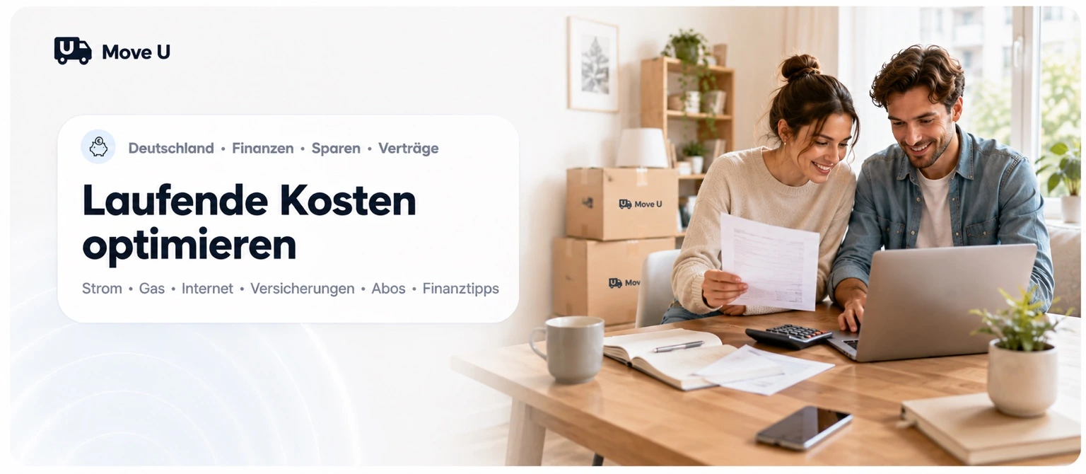 Laufende Kosten optimieren: MoveU Banner mit Finanzen, Sparen, Verträgen, Strom, Gas, Internet, Versicherungen und Abos nach dem Umzug.