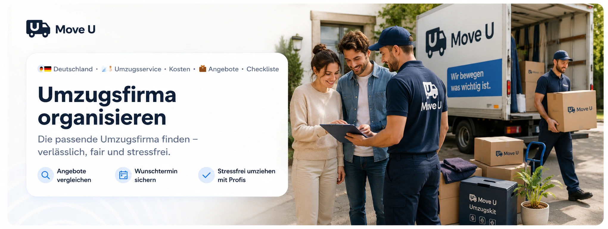 Umzugsfirma organisieren: MoveU Banner mit Umzugstransporter, Umzugshelfern, Angeboten, Wunschtermin, Checkliste und professioneller Umzugshilfe.