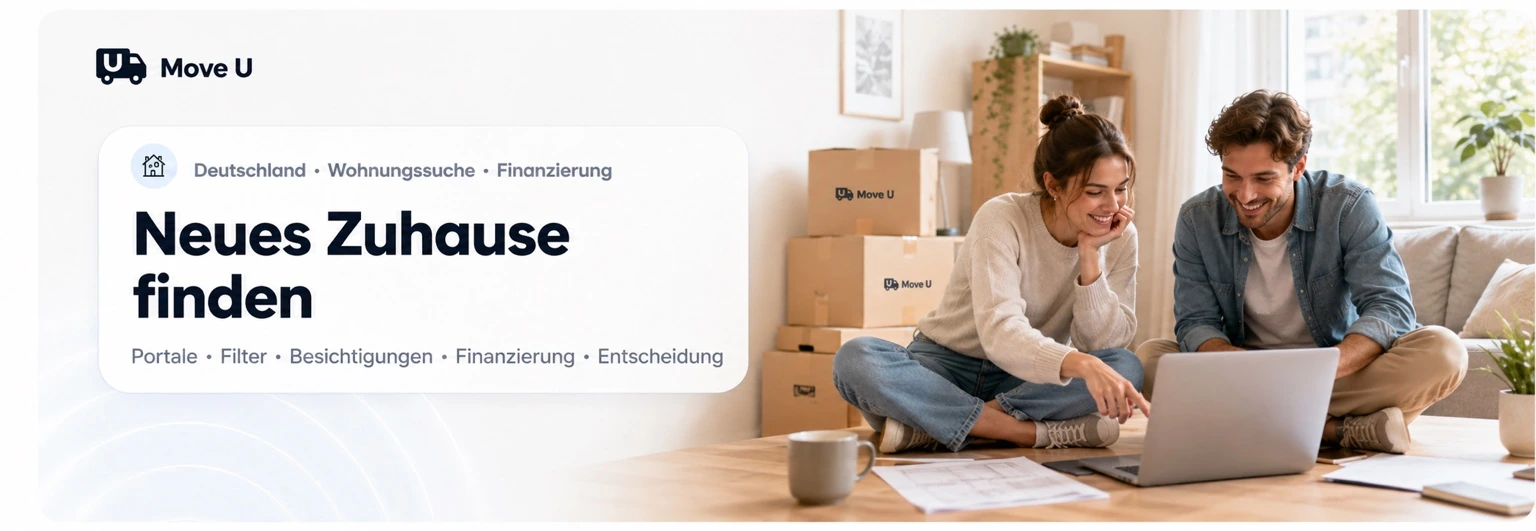 Neues Zuhause finden: MoveU Banner mit Wohnungssuche, Portalen, Filtern, Besichtigungen, Finanzierung und Entscheidung.