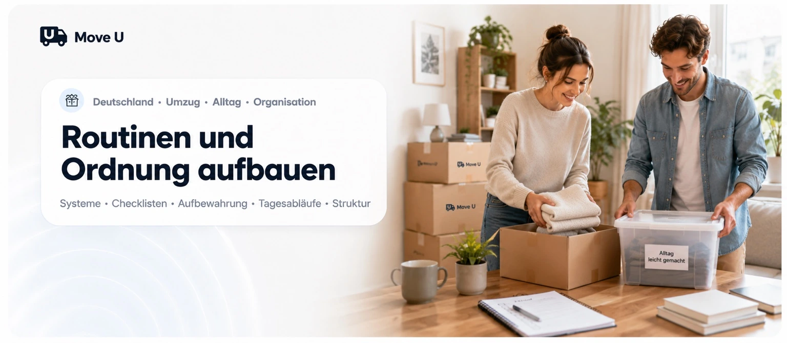 Routinen und Ordnung aufbauen: MoveU Banner mit Systemen, Checklisten, Aufbewahrung, Tagesabläufen und Struktur nach dem Umzug.