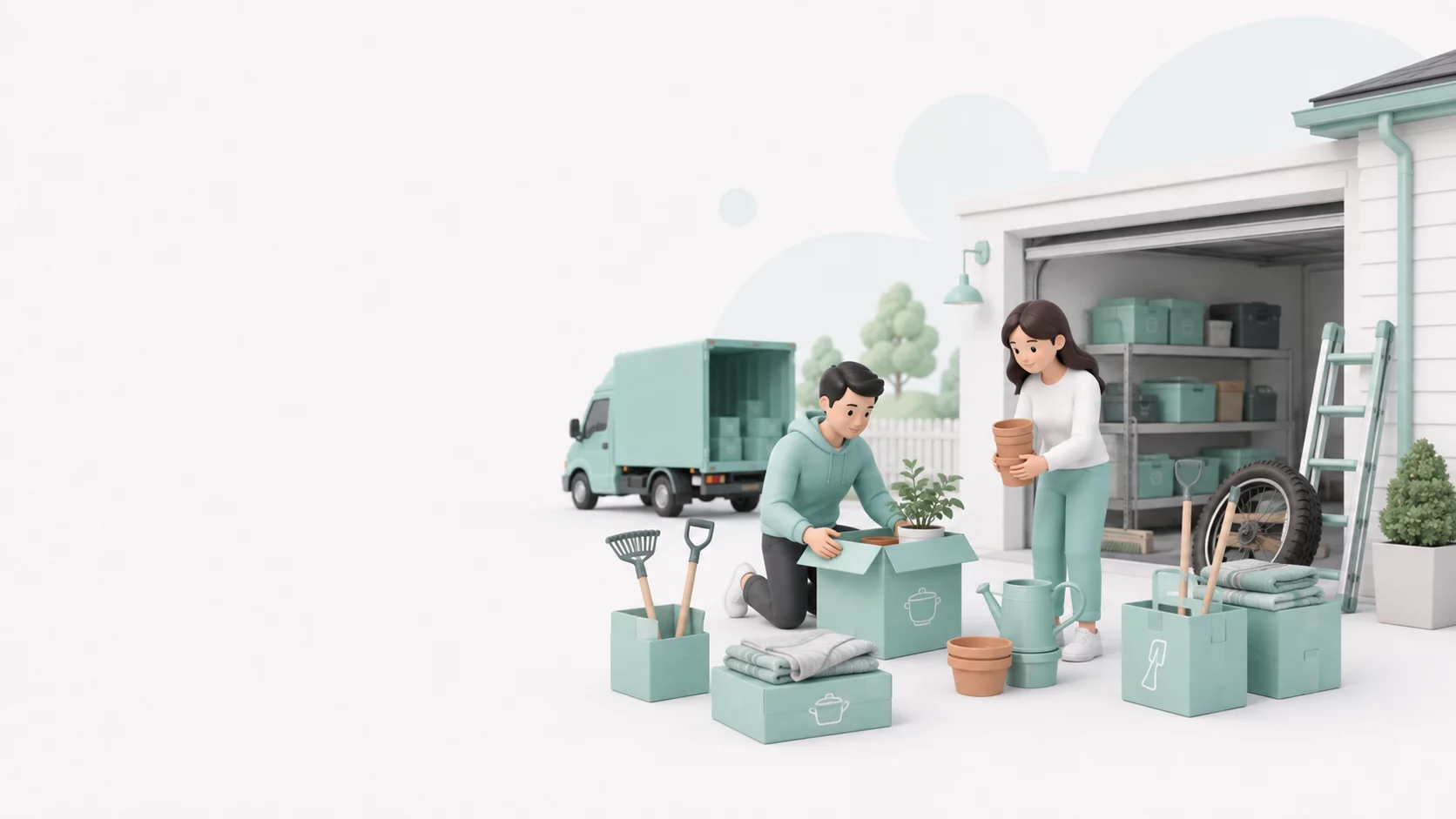 MoveU Illustration zur Vorbereitung von Keller, Garage, Garten und Außenbereichen für den Umzug