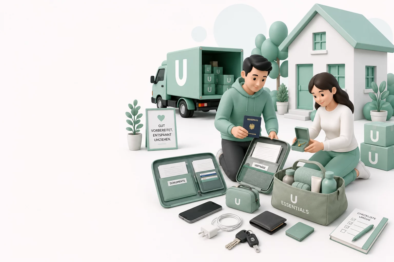 MoveU Illustration mit persönlicher Umzugstasche, Dokumenten, Schlüssel und Essentials für den Umzugstag