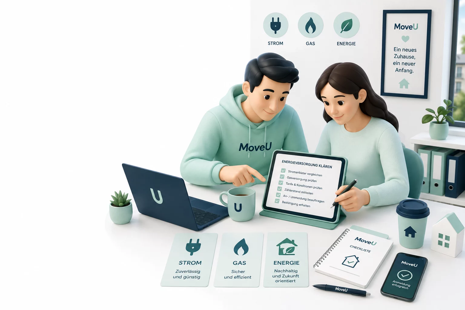 MoveU Illustration zur Organisation von Strom und Gas beim Umzug
