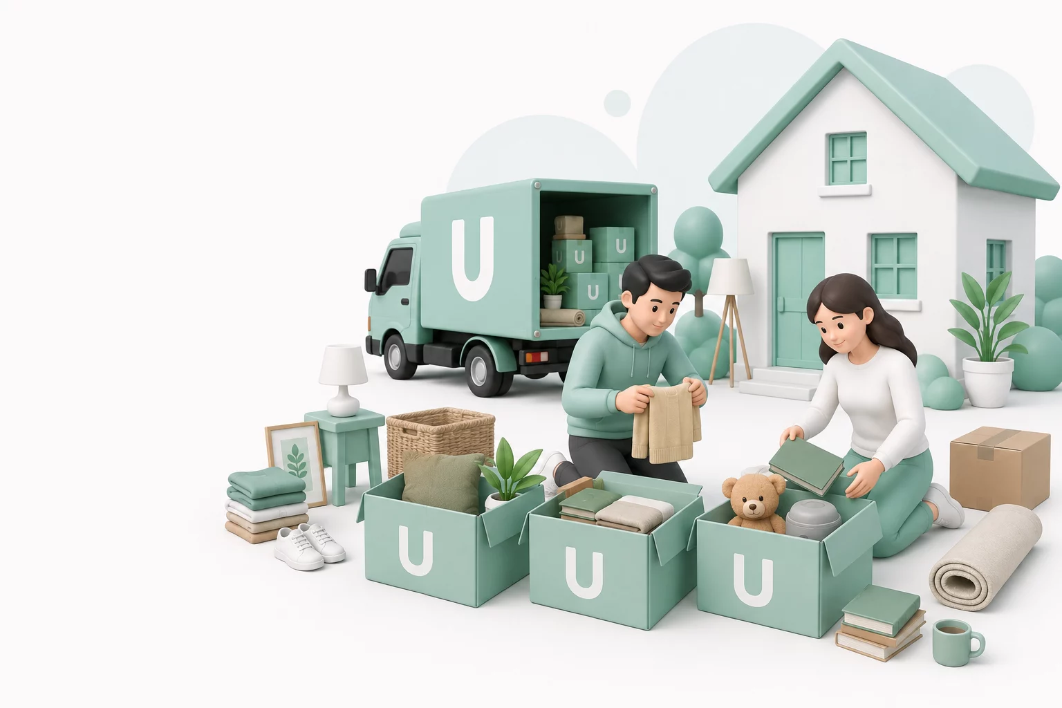 MoveU Illustration mit zwei Personen beim Auspacken von Umzugskisten vor ihrem neuen Zuhause