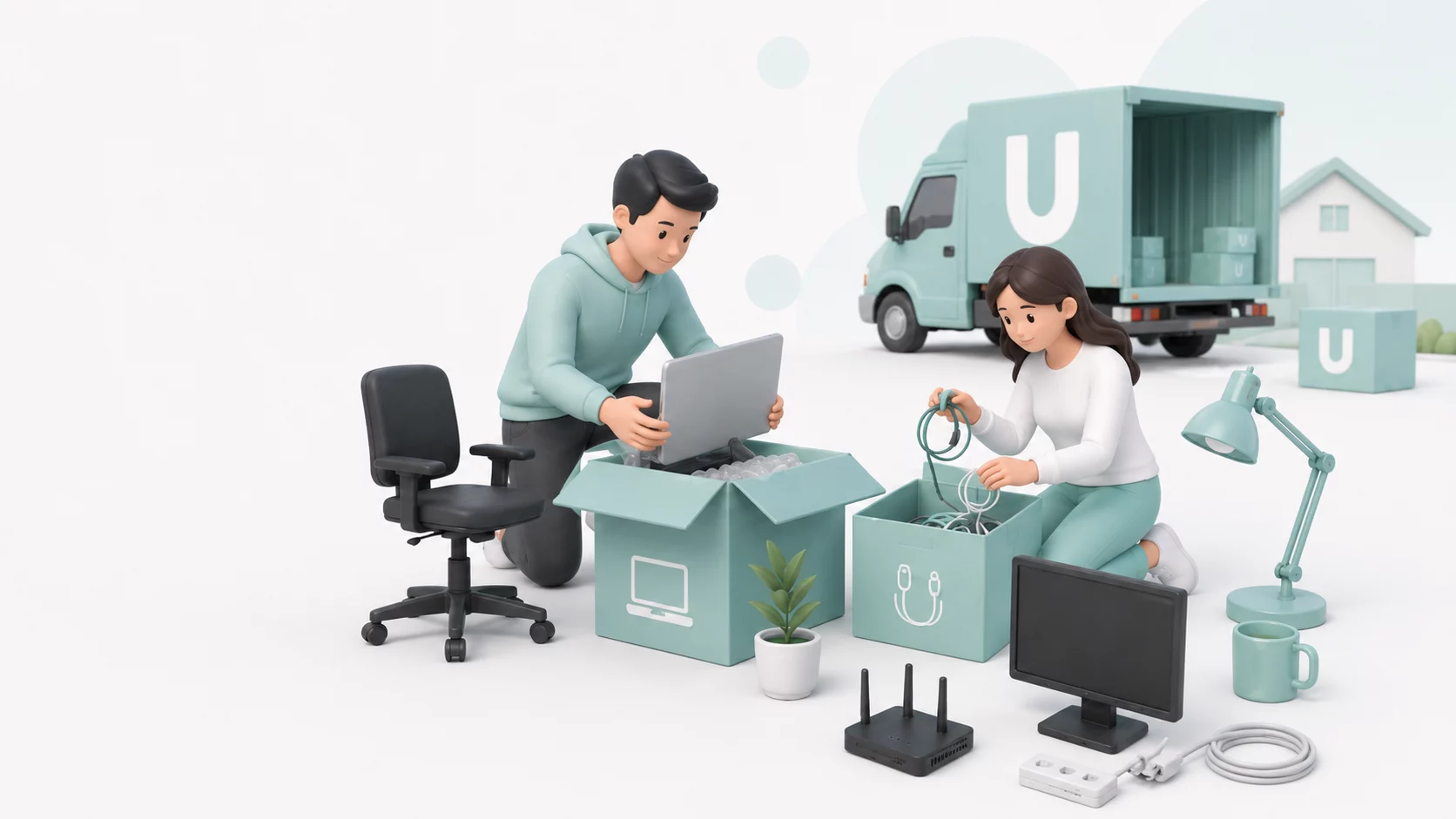 Illustration eines vorbereiteten Homeoffice mit Laptop, Monitor, geordneten Kabeln und sicher verpackter Technik für den Umzug
