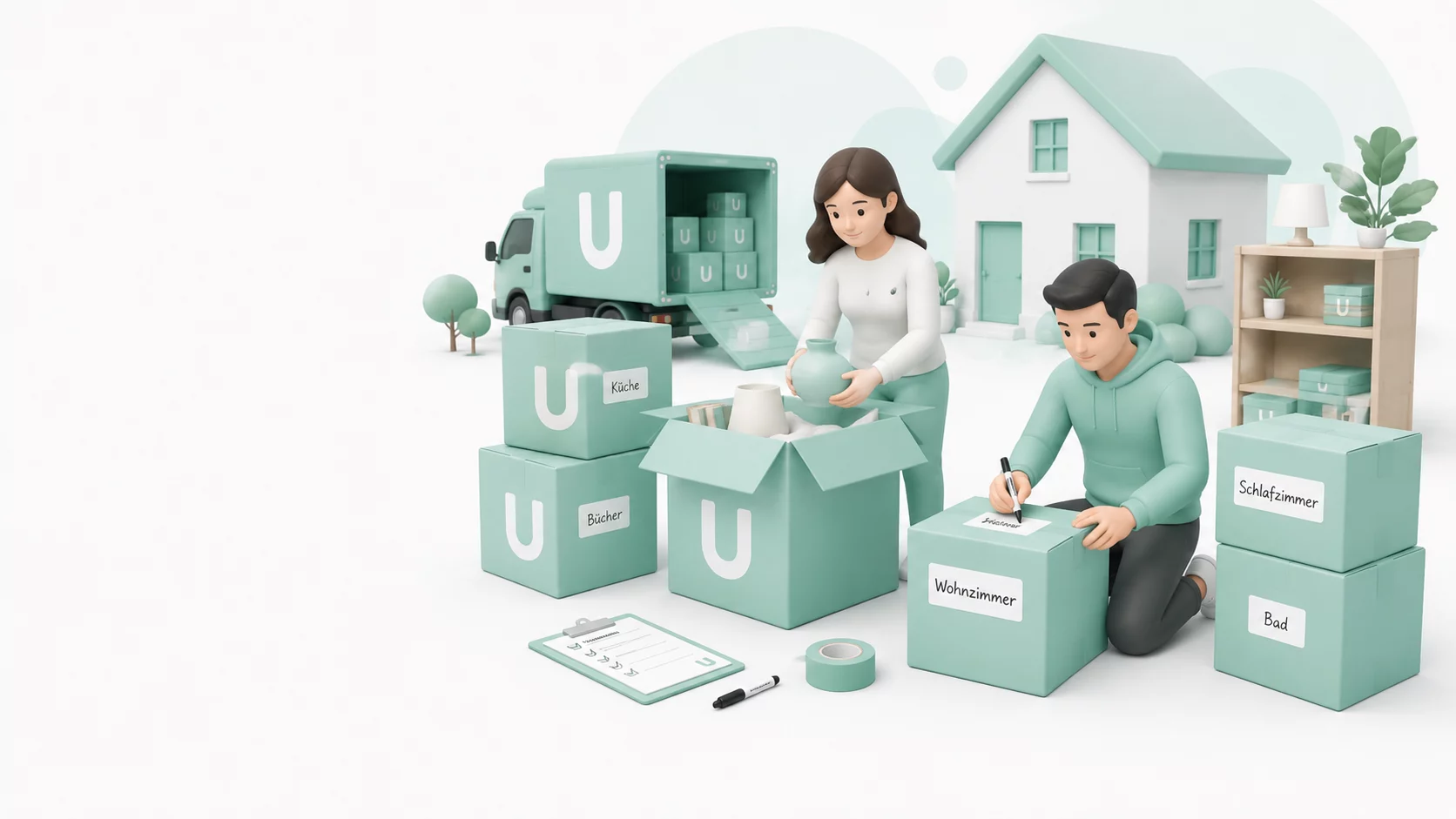 MoveU Illustration zum Packen und Beschriften von Umzugsgut