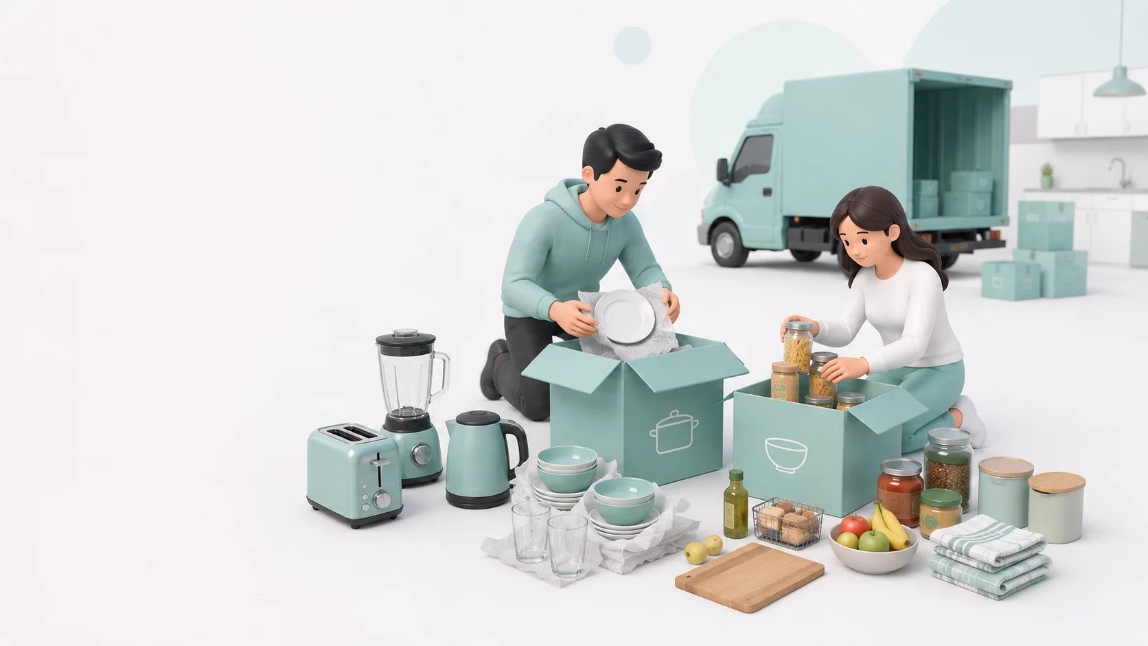 Illustration einer für den Umzug vorbereiteten Küche mit sicher verpacktem Geschirr, Kühlbox und transportbereiten Küchengeräten