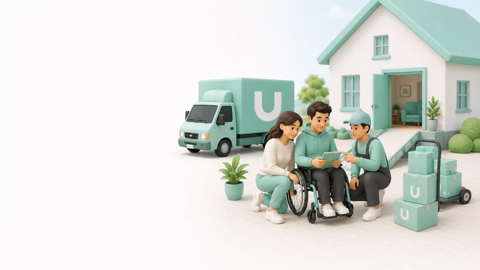 MoveU Illustration zu einem unterstützten Umzug und dem sicheren Ankommen im neuen Zuhause