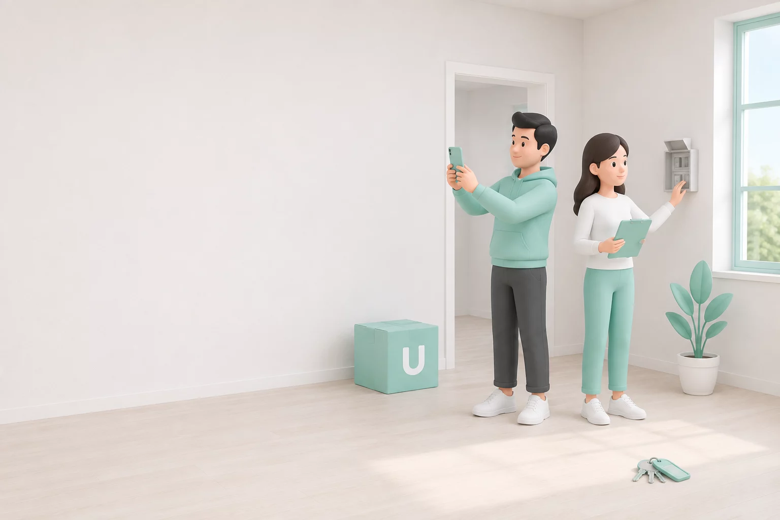 Zwei Personen dokumentieren eine Wohnung mit Smartphone und Klemmbrett; im Vordergrund liegen Schlüssel.